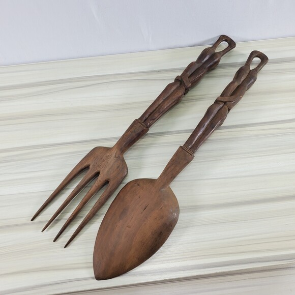 Hand Carved Wood Spoon Fork Set Salad Serving Utensils Grigg African Egyptian - Picture 2 of 8